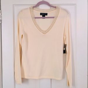 Cream V Neck Sweater with Pearl and Ribbon Details - new with tags